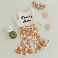 thumbnail image 2 of Baby Girl Halloween Clothes Long Sleeve Romper Tops Pumpkin Bell-Bottom Pants Headband Set Newborn Infant Fall 3Pcs Outfits, 2 of 8
