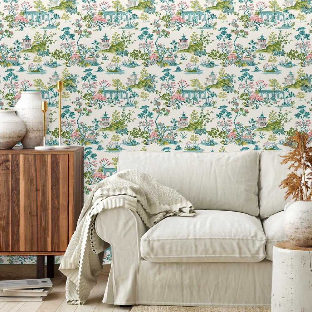 Vintage Green Blue Pink Garden Landscape Nature Plants Peel and Stick Wallpaper Contact Paper Vinyl Stick on Wall Paper for Bedroom Bathroom Kitchen Cabinet Renter Friendly