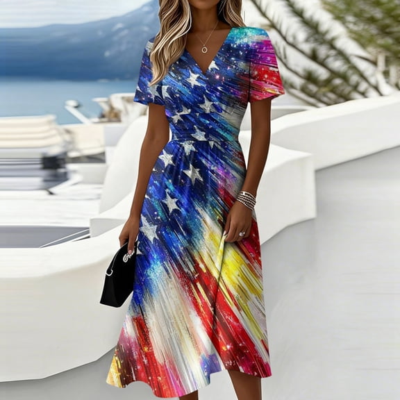 Usa 250th Anniversary Dresses for Women Red White and Blue Print Deep V Neck Dress A Line Sleeveless Summer Party Swing Dress