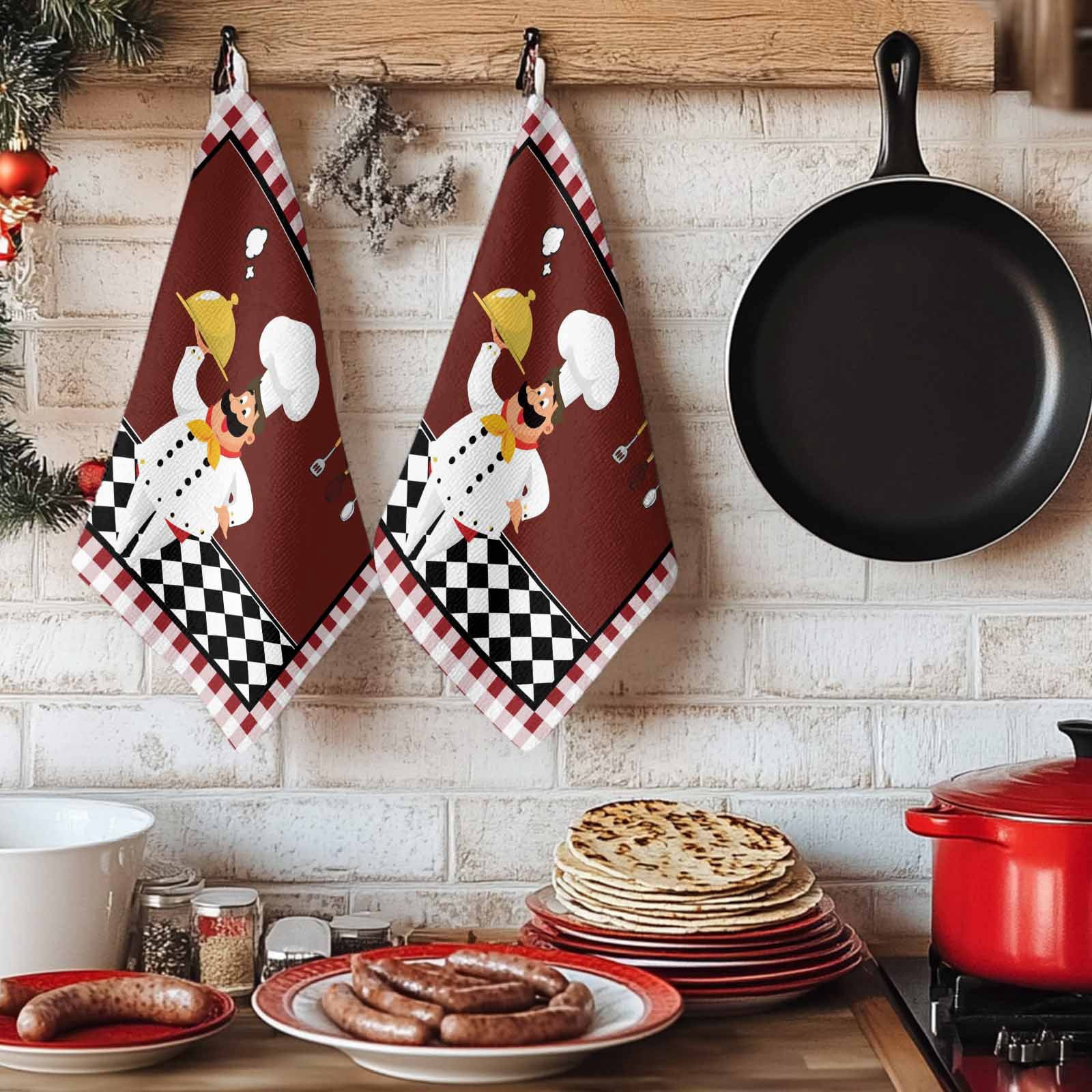 Fat Chef Kitchen Towels Set of 3, Red Gourmet Kitchen Red Black Buffalo Plaid Soft Microfiber Dish Towels, Absorbent Quick-Dry Washable Dishcloths for Kitchen Cleaning, Drying Dishes, 18x28 Inches