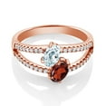 thumbnail image 2 of Gem Stone King 1.48 Ct Oval Sky Blue Aquamarine Red Garnet 18K Rose Gold Plated Silver Ring (Size 7), 2 of 4