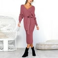 thumbnail image 5 of Women's Knit Dress Deep V Neck Long Sleeve Fall Winter Dresses Solid Tie Waist Casual Bodycon Midi Pencil Dress, 5 of 7