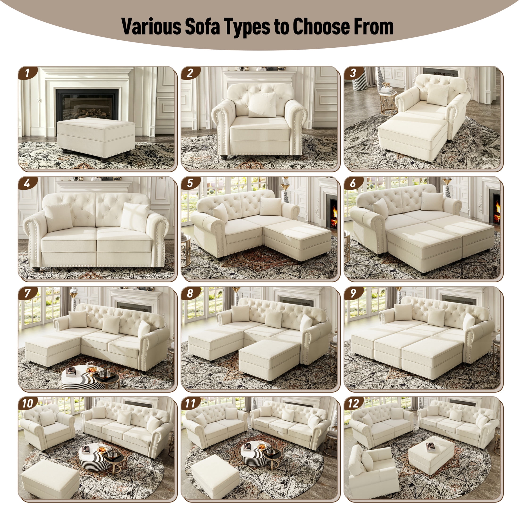 Noble House Kieran 31.5" Velvet Ottoman, Modular Sectional Extension Footstool and Coffee Table Seat, Beige White