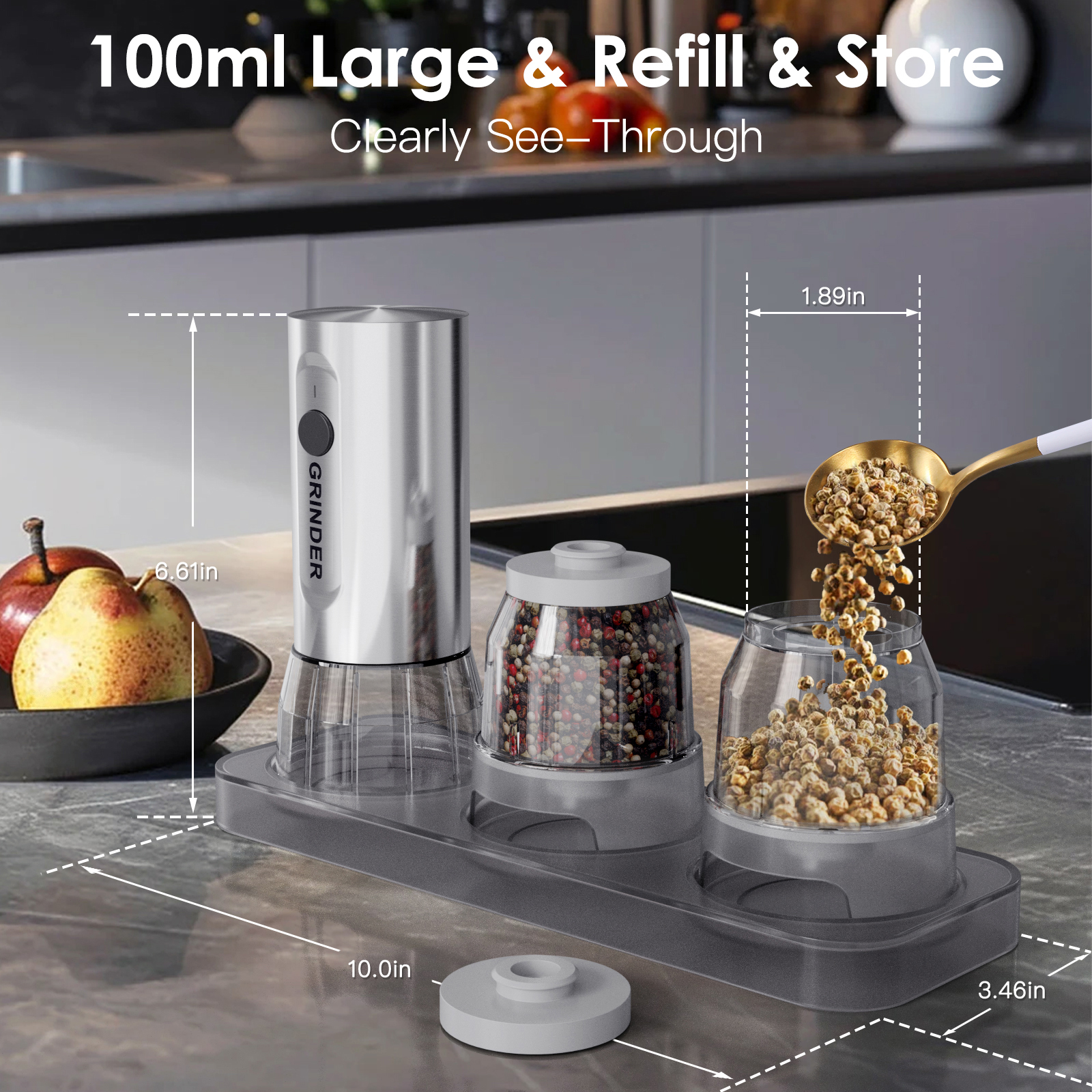 LUXEAR Electric Salt and Pepper Grinder Set, Type-C 1000mAh Rechargeable Stainless Steel Automatic Grinder, Stepless Ceramic Grinding, 2 x 100ml Food-grade Bins, Built-in LED Light, Kitchen Essential