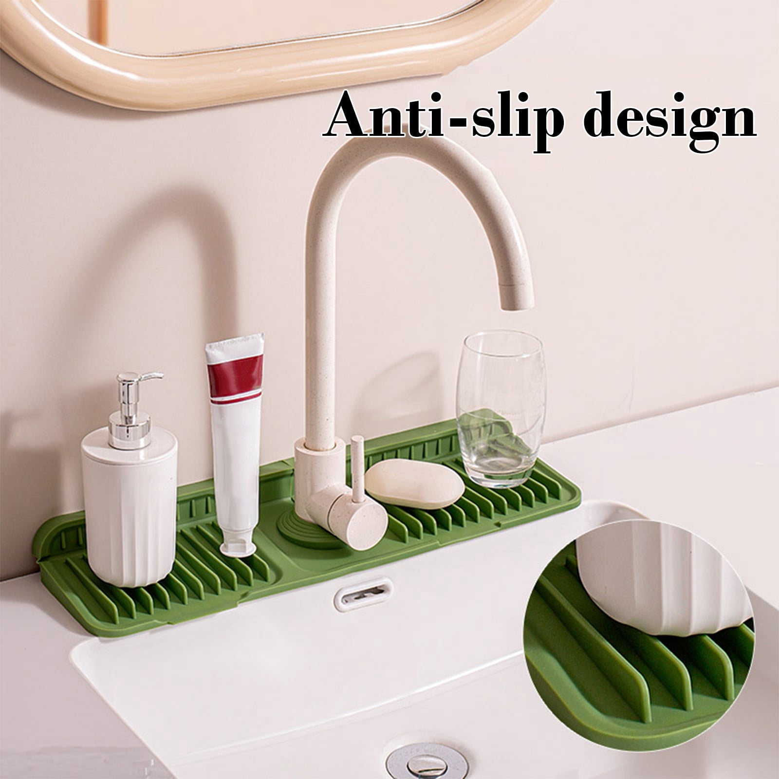 Lunxisen 3 pcs Button Style Silicone Faucet Mat for Kitchen Sink Slope & Fasten Button Design, Quick-Dry Splash Guard Water Catcher Behind Faucet, RV/Bathroom Safe