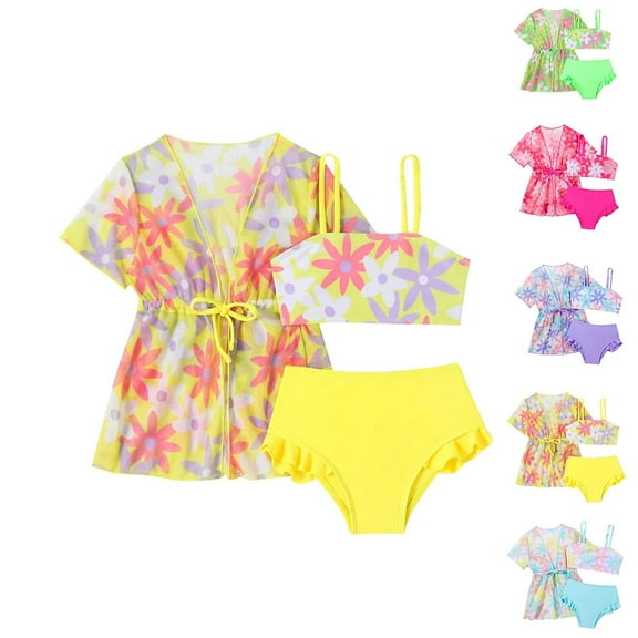 Bovxnpu Summer Girls Swimsuits, Toddler Girls Two-piece Tankinis Swimsuits Set, Sunscreen Printed Drawstring Waist Jacket Strap Solid Color Swimwear 12 Months