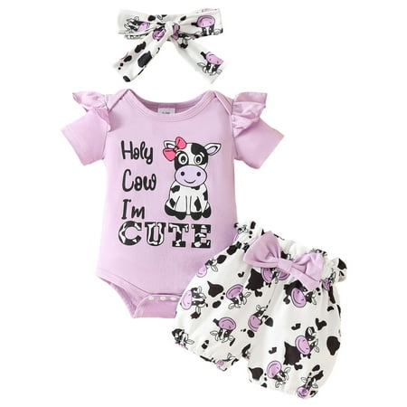 Wxirdiow Toddler Girls Clothes Newborn Baby Girl Clothes Short Sleeve Cow Print Romper Shorts Headband Infant Summer Outfits Purple Size 3-6 Months