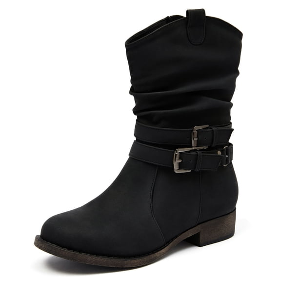 Women's Mid-Calf Cowboy Cowgirl Boots with Low Chunky Heel, Cowboy Style, Side Zipper, Classic Round Toe, Fashion Western Black Boots.