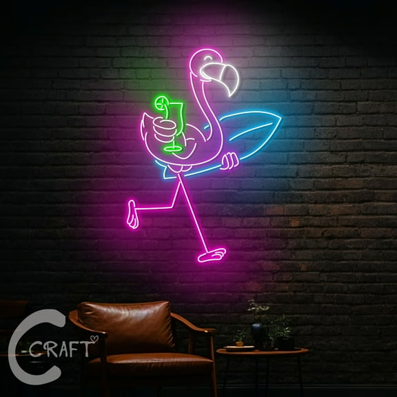 C-CRAFT Flamingo Cocktail Surfboard Neon Led Light Up 23 inch for Cocktail Beach Party Wall Decor