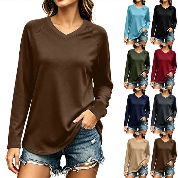 Josdec Solid V‑Neck T‑Shirt for Women Raglan Long Sleeve Curved Hem Soft Knit Casual Basic Base Tops S‑2XL