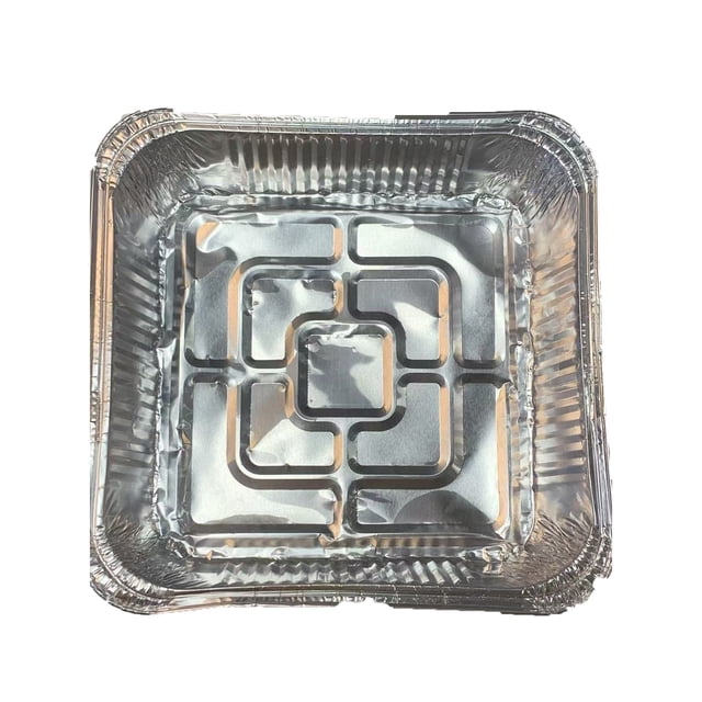 8x8in disposable aluminum pans in a pack of 10, featuring a non-stick finish and food-grade material. Ideal for baking cakes, roasting, homemade breads, and as BBQ drip tray liners. Oven-safe up to 500°F (260°C), the image shows a stack of square pans with embossed patterns for added durability.