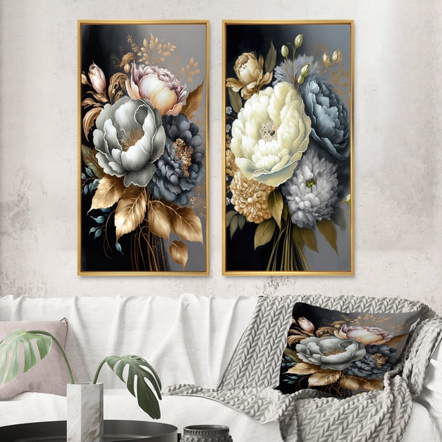 Designart "Blue Blooms in a Bouquet V" Bouquet Framed Wall Art Set Of 2 - Blue Floral Framed Wall Art Set Of 2