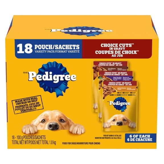 Pedigree Adult Wet Dog Food Choice Cuts in Gravy Filet Mignon, Beef Noodle & Vegetable, Grilled Chicken Flavour Pouch Variety 1.8kg