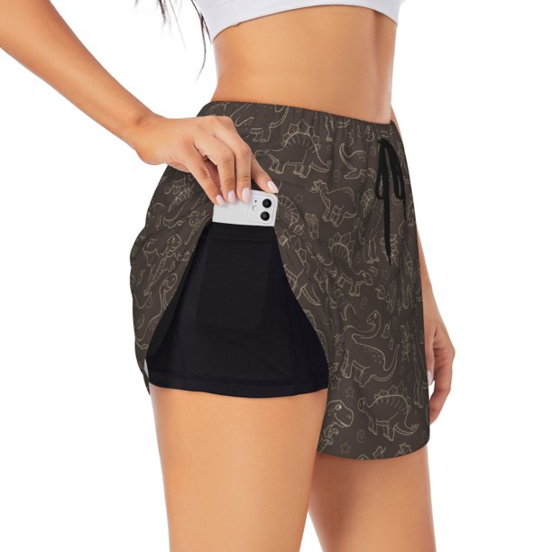 Balery Dinosaur Pantalones cortos deportivos para mujer con forro y dos bolsillos, elásticos, para entrenamiento, gimnasio, yoga-XX-Large