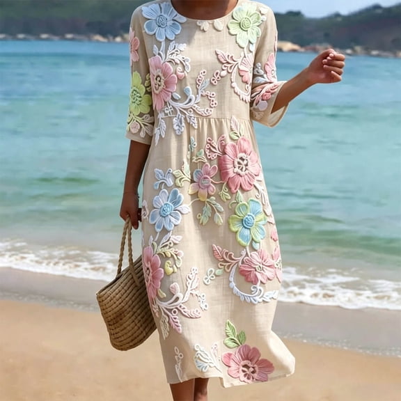 HOMBOM Womens Midi Dresses Casual Vacation 3/4 Sleeve Boho Floral Crew Neck A-Line Dress for Women with Pockets
