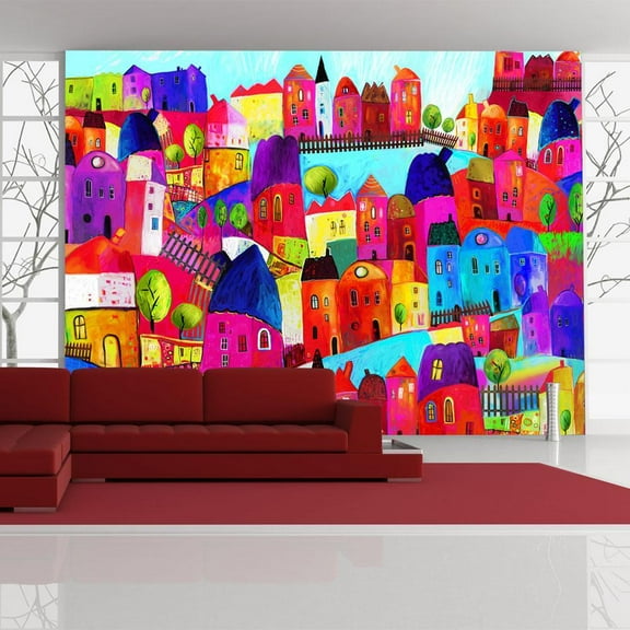 Tiptophomedecor Kids Wallpaper Wall Mural - Rainbow Hued Town