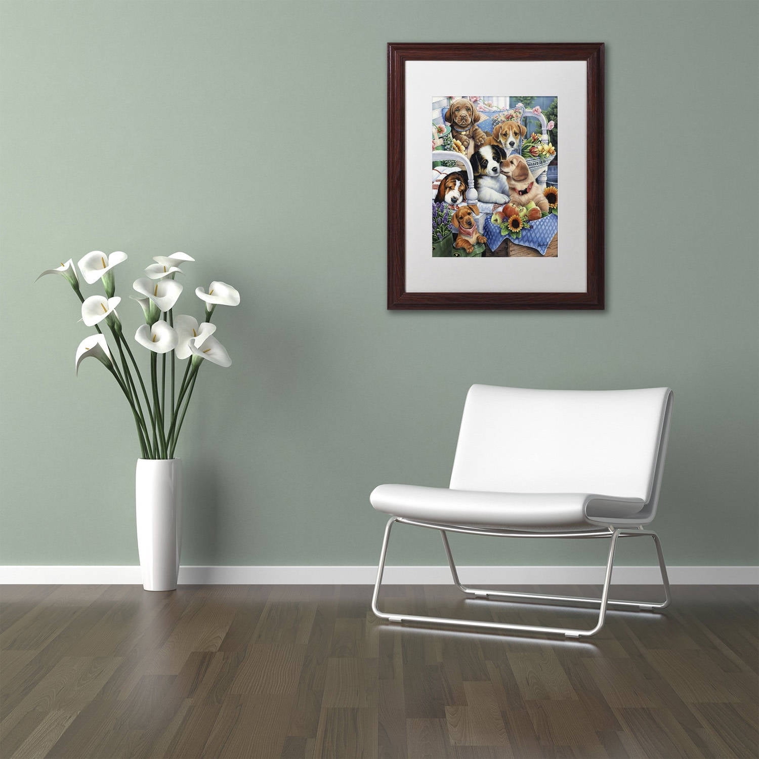 Trademark Fine Art 'Country Pups' Canvas Art by Jenny Newland, White Matte, Wood Frame