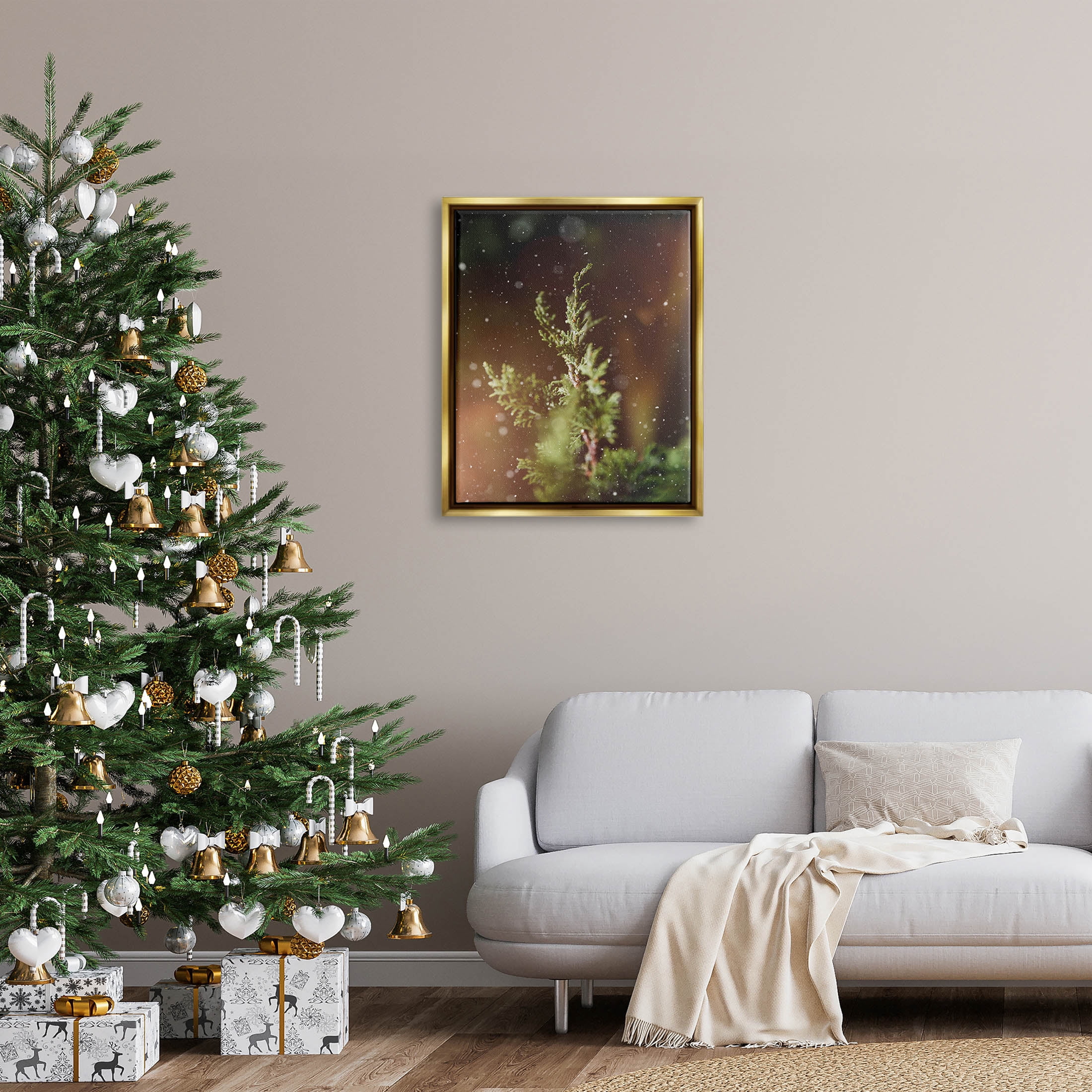 Winter Snowfall Night Pine Tree Holiday Photograph Metallic Gold Framed Art Print Wall Art