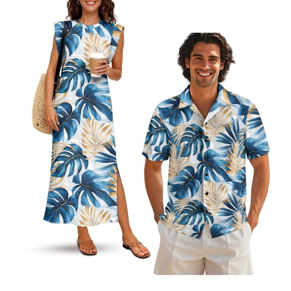 KUIFORTI Hawaiian Palm Tree Hawaii Matching Couple Outfits His and Hers Summer Outfits Lightweight Loose Swing Sundresses with Soft Fabric Round Neck Fit for Outdoor Picnic