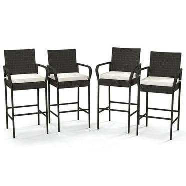 Spaco 4 Pieces Outdoor PE Rattan Cushioned Barstool Set with Armrests, Bar Stool Set of 4 with Ergonomic Seat, PE Rattan Bar Stool Set for Outdoor as Garden, Patio, Off white