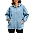 thumbnail image 3 of Women's Quarter Zip Hoodie Denim Pullover Oversized Long Sleeve Casual Hooded Top with Kangaroo Pocket Relaxed Fit Sweatshirt for Daily Commute Weekend Outings, 3 of 9