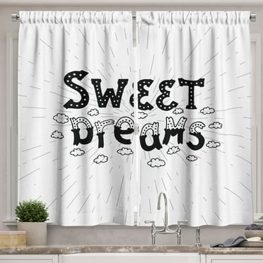 Sweet Dreams Curtains 2 Panels Set, Retro Style Calligraphic Hand Drawn Lettering of Inspirational Phrase, Window Drapes for Living Room Bedroom, 55W X 39L Inches, Black and White, by Ambesonne