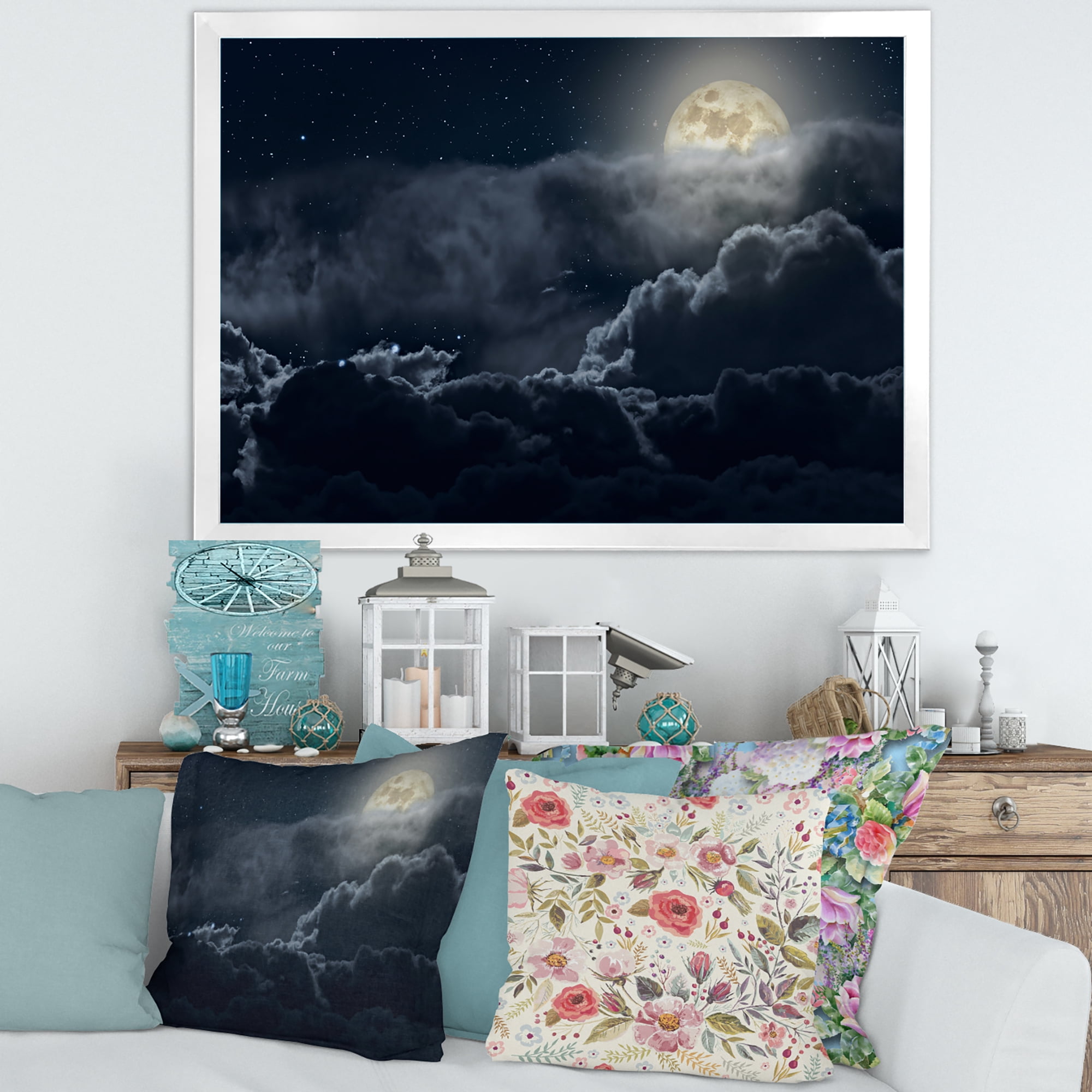 Designart 'Cloudy Full Moon Night With Stars' Nautical & Coastal Framed Art Print