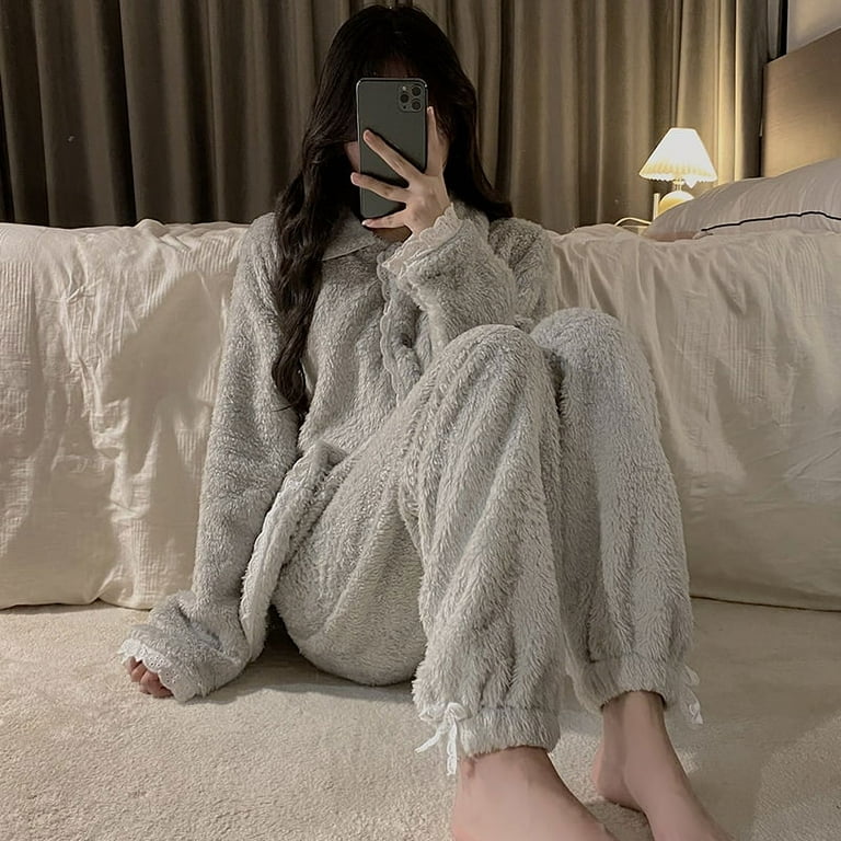 DanceeMangoo Women Winter Thicken Style Warm Pajamas Set Button