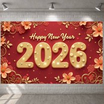 Red Background Happy New Year Banner Gold Lettering 2026 New Year Display Floral Pattern Festive Design New Year Backdrop for New Year Party Holiday Celebration Indoor Decor