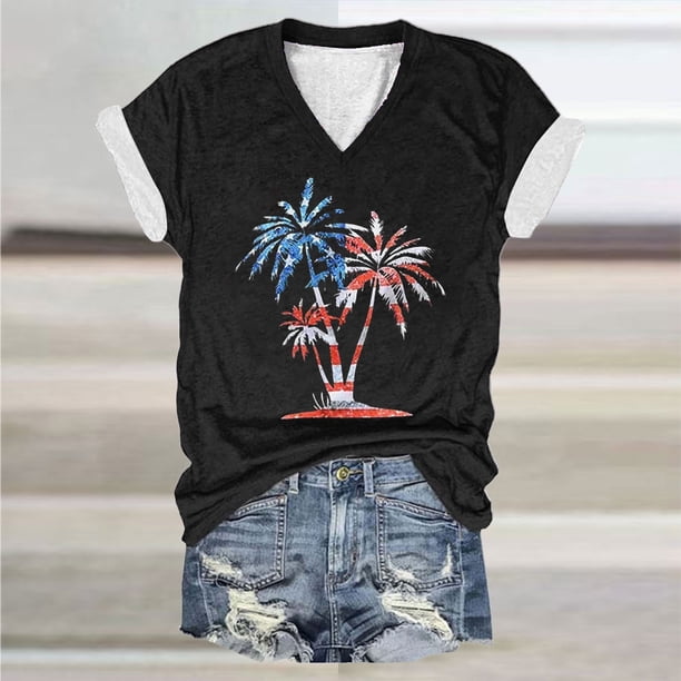 Fiudx Ofertas Flash Artículos En Oferta Top de Manga Corta con Cuello En V Estampado Del Día de La Independencia para Mujer Top/Camisa de Manga Corta con Cuello En V