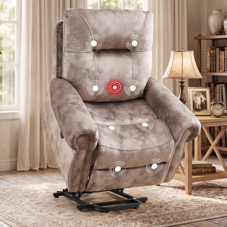Ebello Overstuffed Electric Power Recliner Chair, Soft Fabric Vintage Rivet Design Single Reclining Sofa with USB Ports, Massage and Heat for Living Room, Light Brown