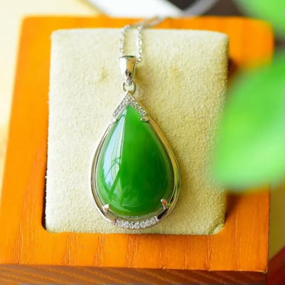 K-KED 925 Silver Jade Water Drop Pendant Talismans Natural Green Necklace Jewelry-default