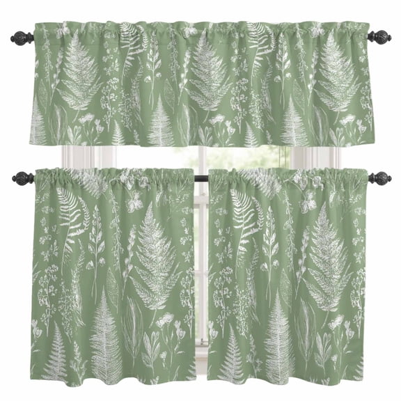 Sage Green Botanical Kitchen Curtains Sets for Windows 36 Inch Length, Farmhouse Country Leaves Plant Rod Pocket Window Treatments Tier Curtains and Valances Set for Bedroom/Bathroom