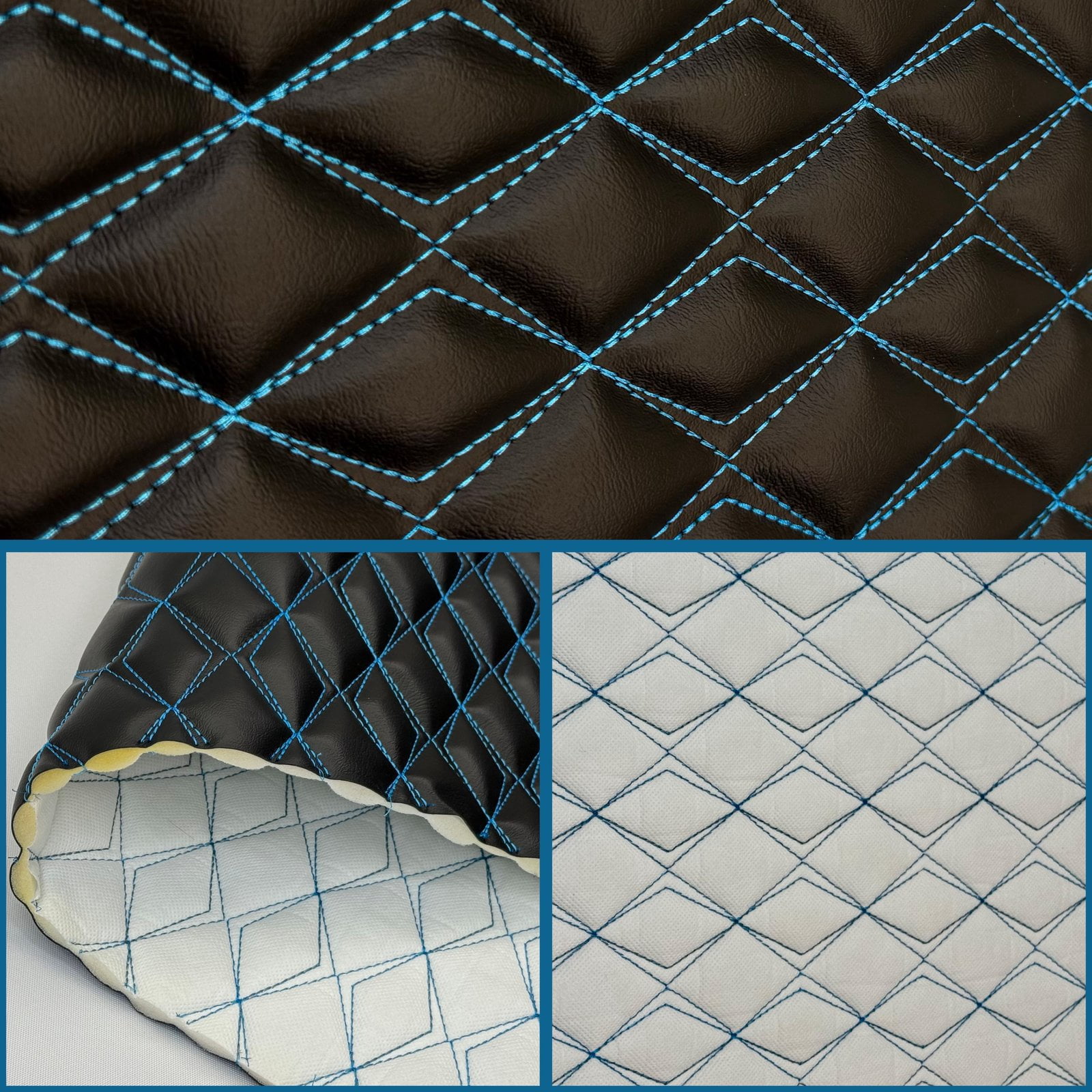 Vinyl Quilted Foam Padded Fabric W 3/8" Foam Backing Upholstery Car Headliner Vehicle & Motorcycle Seats Door Panels /58" W/ Continuous Yard (Black-Red Double Stitching, Diamond 2"X3")