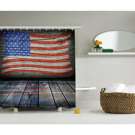 - Rustic Decor American Usa Flag Shower Curtain Set, Fourth Of July Independence Day Wooden Looking Floor Log View Wall Rippled Image, Bathroom Accessories, 69W X 70L Inches, By Ambesonne