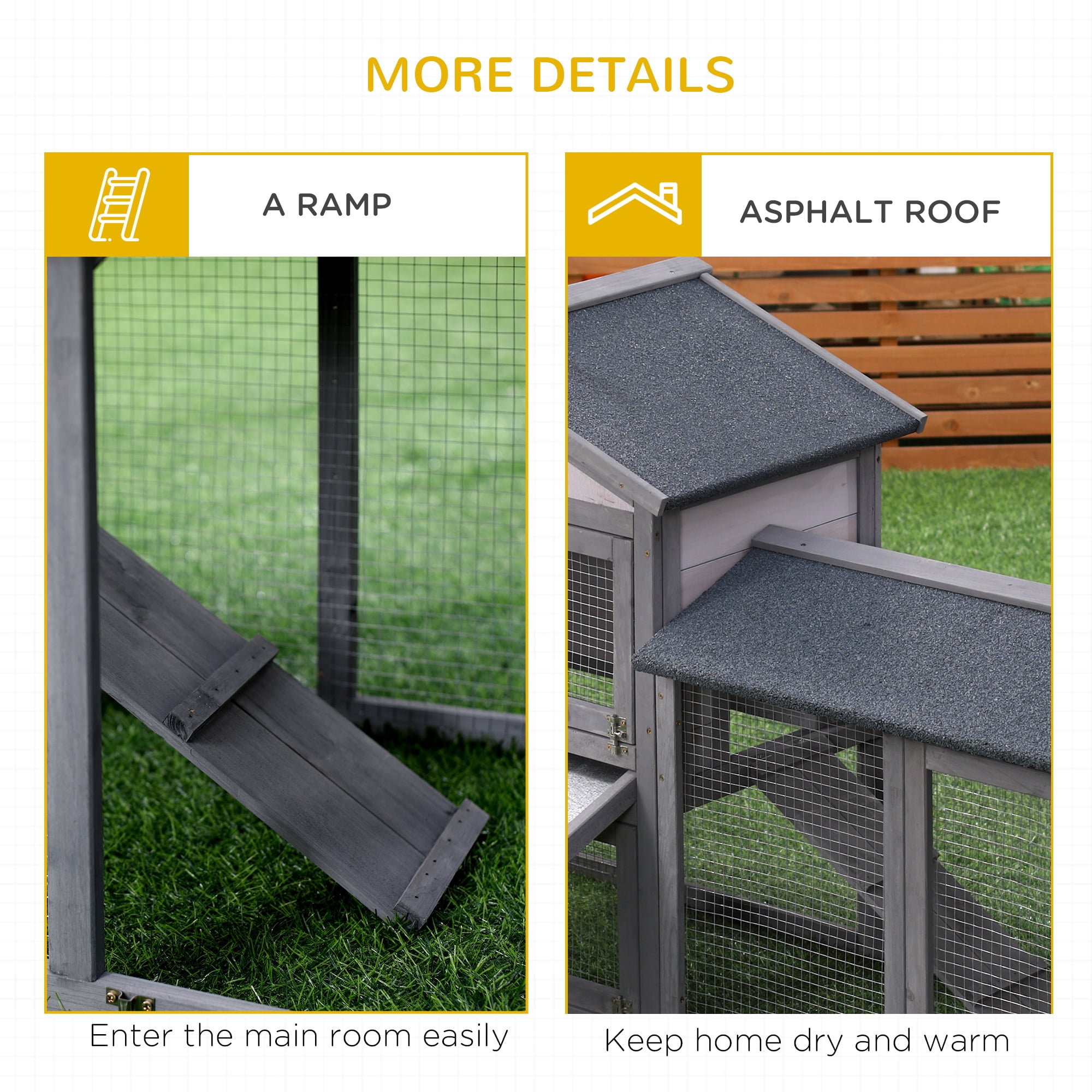 58" Rabbit Hutch, Wooden Bunny Hutch, Guinea Pig Cage, Small Animal Enclosure with Run Area, Removable Tray, Asphalt Roof, Lockable Doors and Ramp, Dark Gray