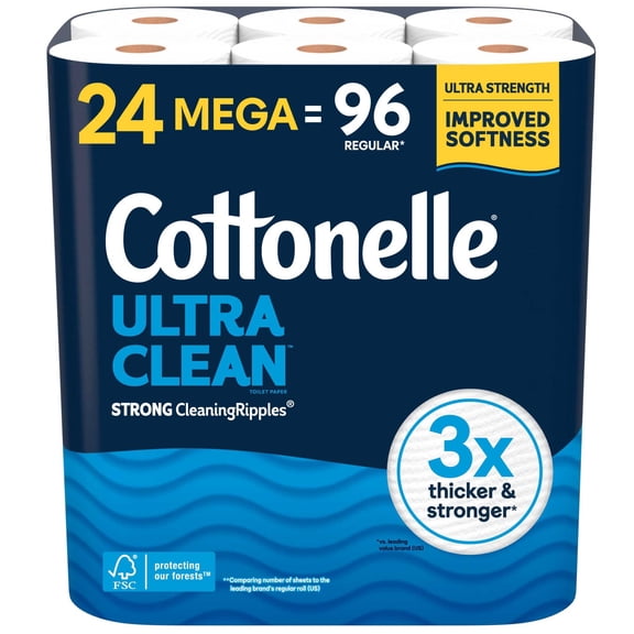 Cottonelle Ultra Clean Toilet Paper, Strong Toilet Tissue, 24 Mega Rolls