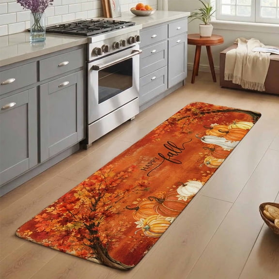 Happy Fall Washable Runner Rug 3X5 ft Thanksgiving Harvest Orange White Pumpkin Maple Leaf Non-Slip Hallway Runner Rug, Linen Kitchen Runner Mats, Indoor Floor Carpet for Entryway Bedroom Living Room