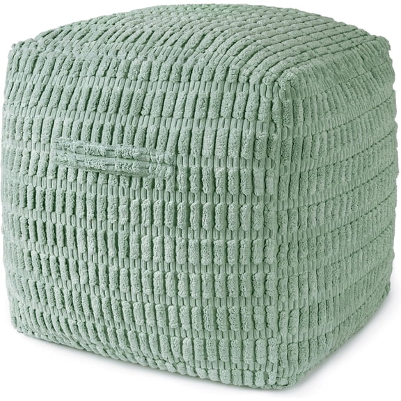Unstuffed Farmhouse Pouf Cover for Living Room, Boho Storage Bean Bag Cubes, Sage Green Soft Corduroy Plush Sripe Square Ottoman Pouf Foot Rest Footstool, 18"x18"x18", Cover ONLY