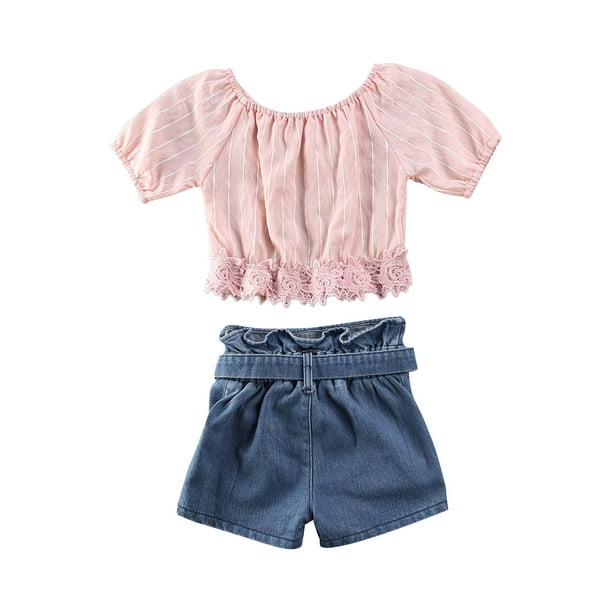 Kids Baby Girl Shorts Set Pink Lace Off Shoulder Tops Denim