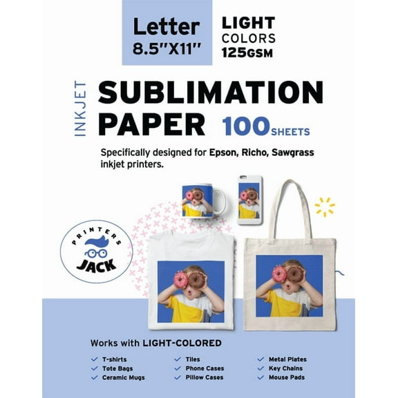 Printers Jack Sublimation Heat Transfer Paper 125 GSM 100 Sheets 8.5" x 11" for Any Epson HP Canon Sawgrass Inkjet Printer for T-Shirt, Mugs, 1 Layer