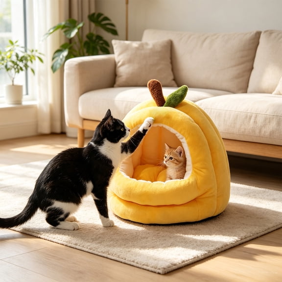 YuCaiWen,Cat Cave,Cat Bed,Cat Tent,Thickened Washable Kitty Bed For Indoor Kitties Shape Retaining Semi Enclosed Warm Winter Sleeping CaveYellow,S