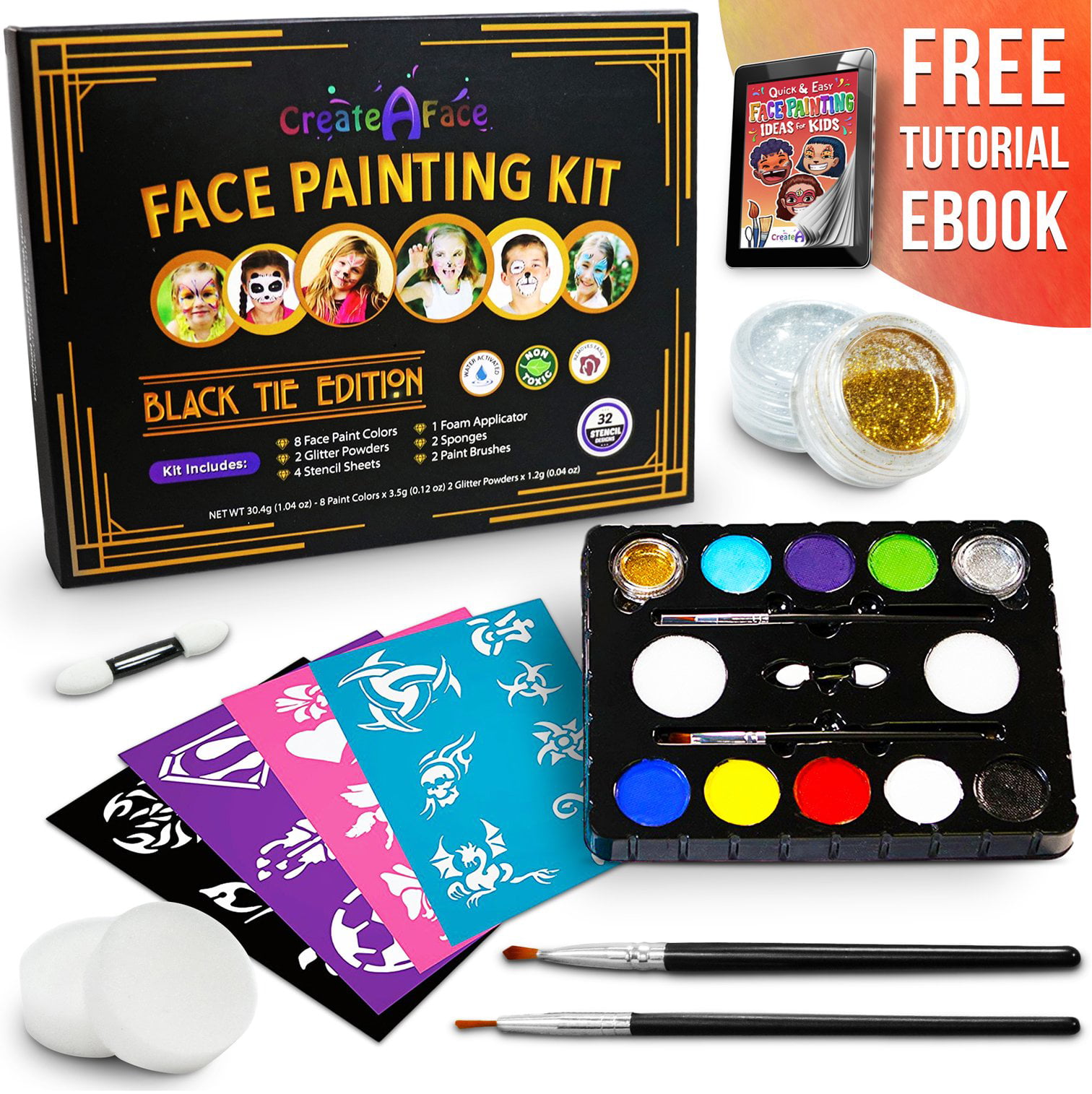 Face Paint Set Contains Cake Paints Crayons Paint Brushes Glitter And Stencils, 