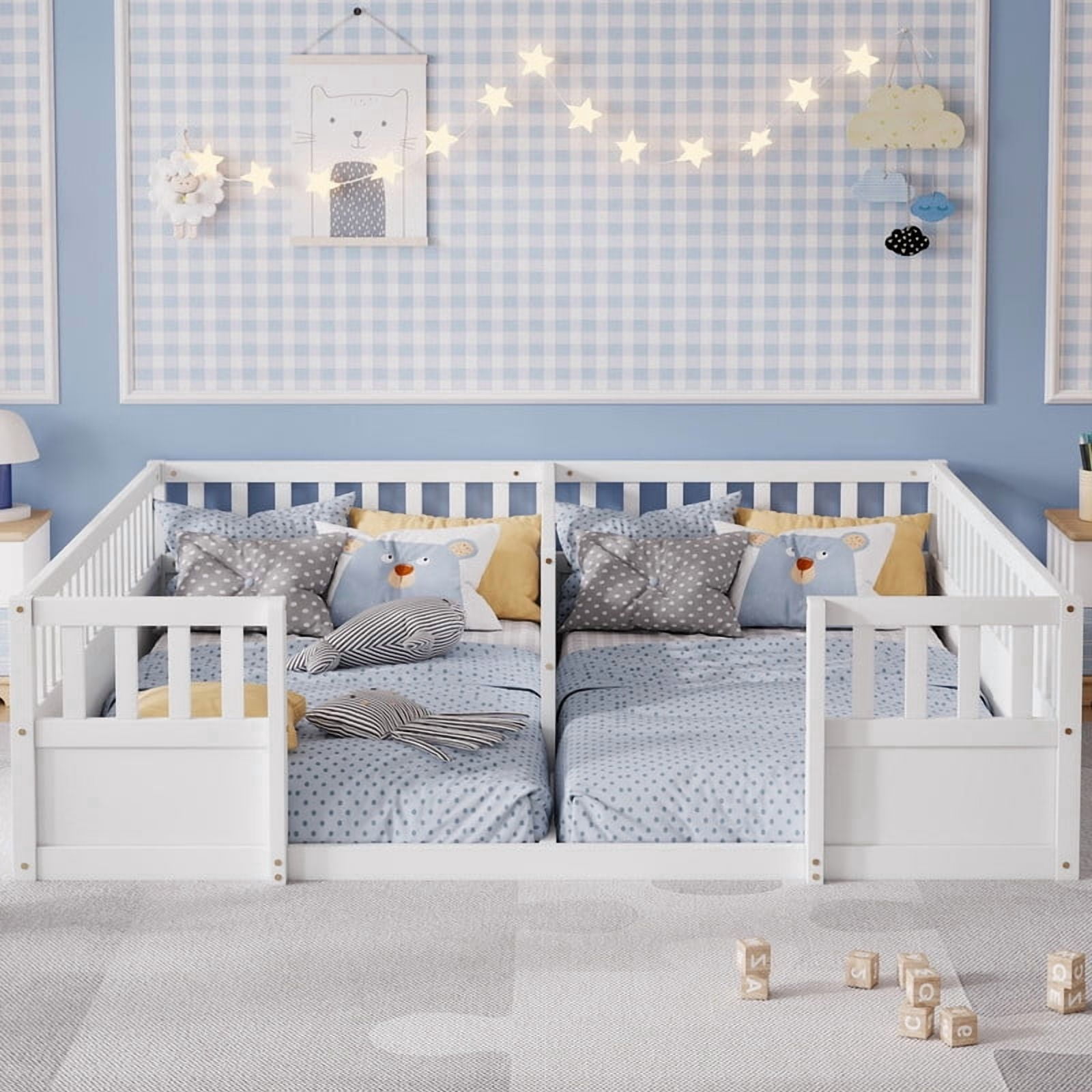 Twin Size Horizontal Floor Bunk Bed Frame with Semi-Enclosed Safety Guardrails, Wood Low Profile Kids Bed with Open Entrance
