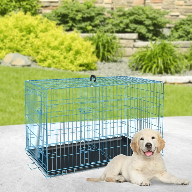 FDW 24 inch Foldable Metal Dog Crate for Small Dogs, Double Door, Divider, Removable Tray(Blue)