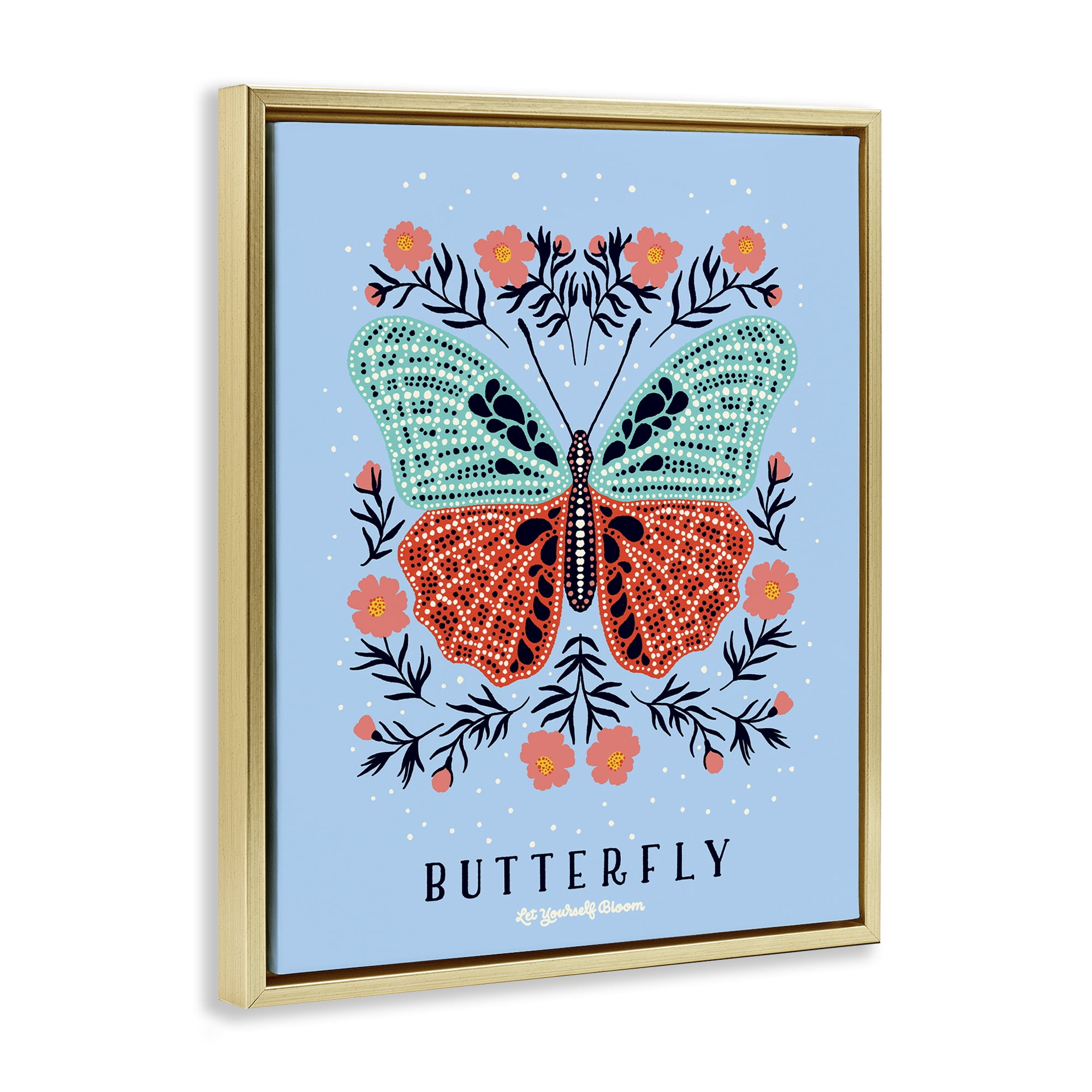 Stupell Industries Butterfly Symmetry on Blue Gold Framed Floater Canvas Wall Art, design by Indira Prieto | IndySign