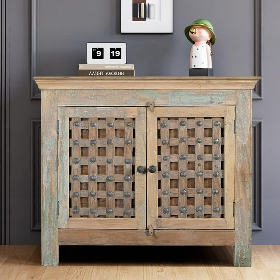 Distressed White Credenza With Metal Accent | 36 Inch Tall Storage Cabinet With 2 Doors | Solid Wood Storage Cabinet | Hand Carved Sideboard
