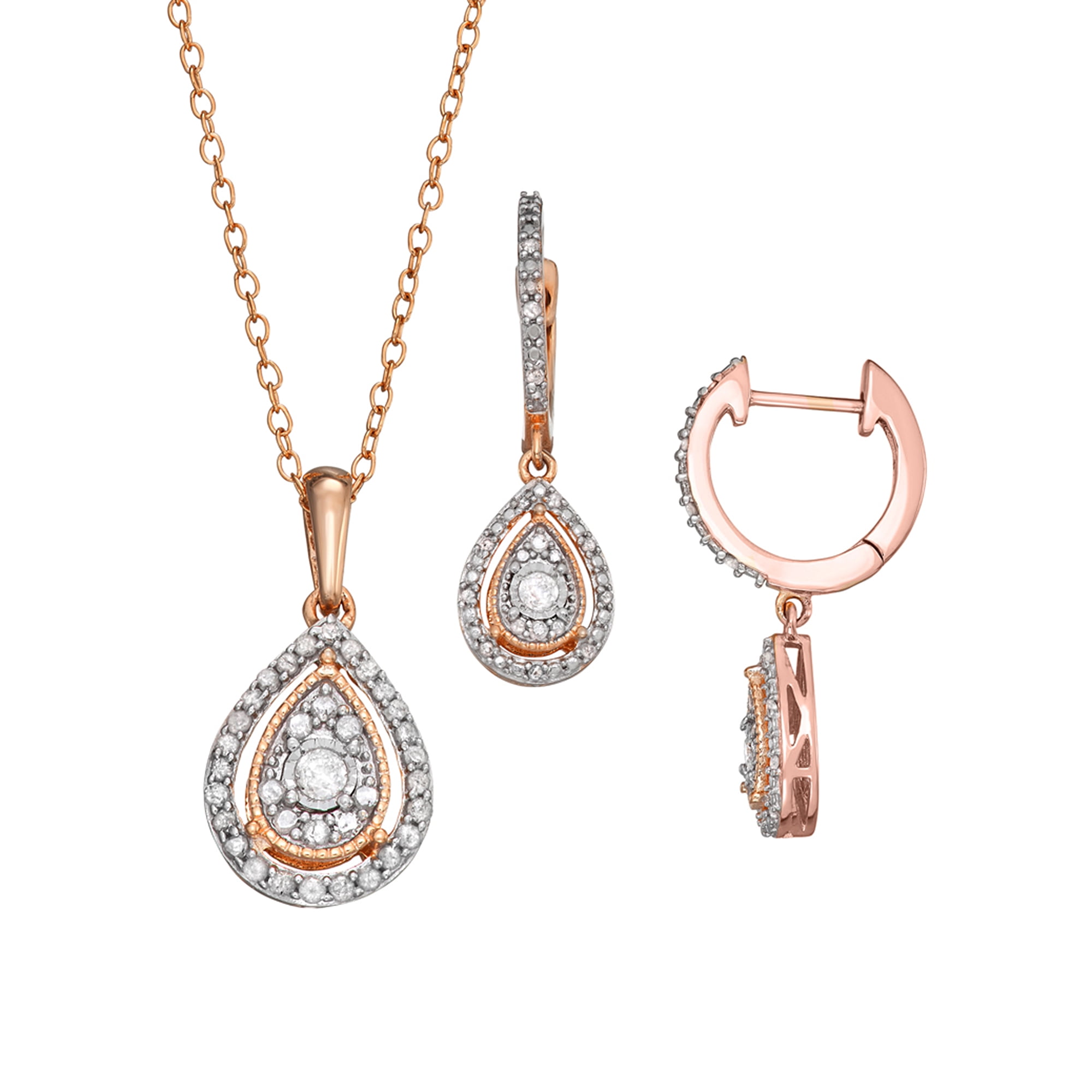 1/2 Carat T.W Sterling Silver Pink Drop Shape Earrings and Pendant 2 Pcs set.