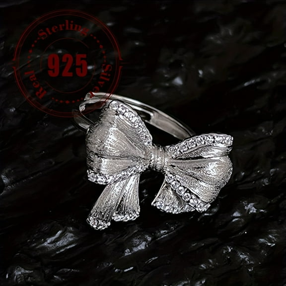 925 Sterling Silvery Elegant Bow Ring with Cubic Zirconia - Hypoallergenic, Perfect for Daily Wear & Parties,Adjustable