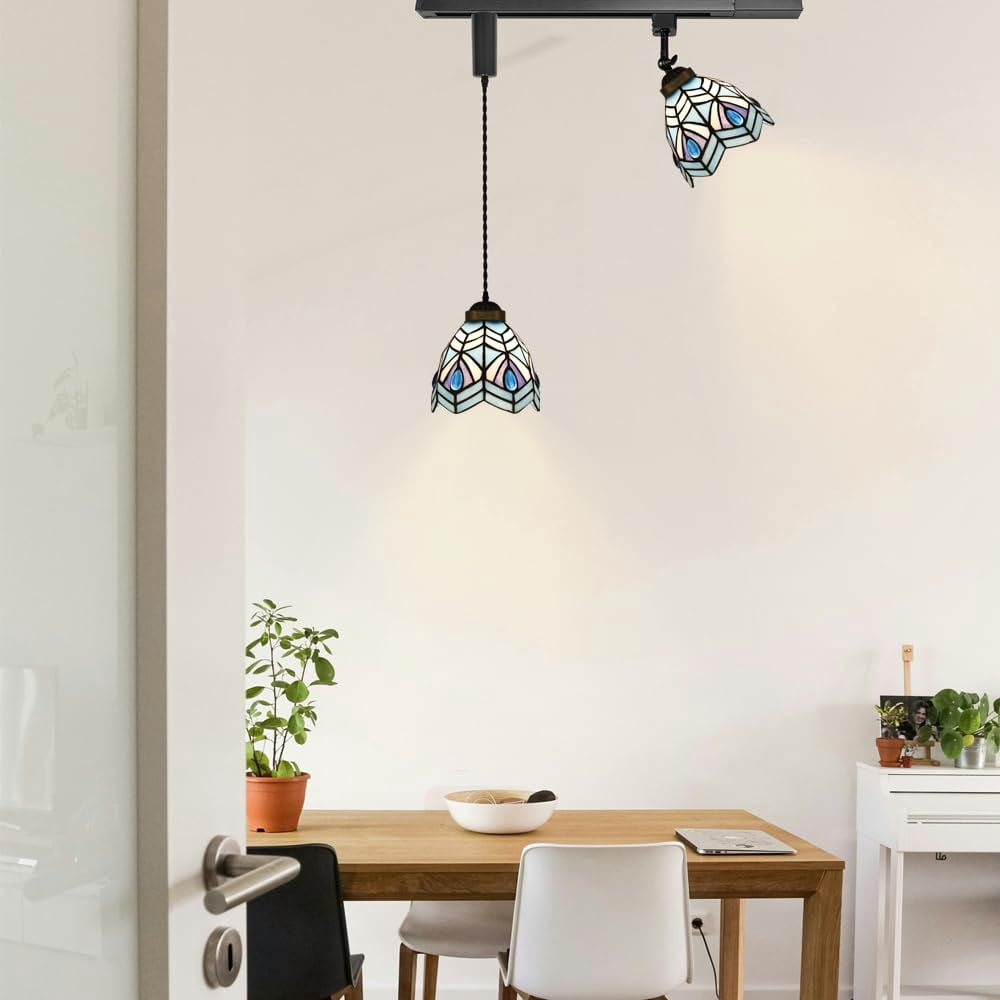 KAYYELAMP 1x Plug in Cable Track Rail, 1X Adjustable Cord, 1x Adjustable Angle Blue Glass Shade Handmade Pastoral Style Tiffany H-Type Track Lighting Fixture for Gallery Loft(No Bulb)